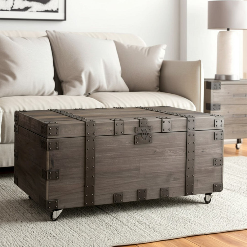 HomeRoots Set of Three Rustic Brown Wood & Metal Storage Tables for Farmhouse Living Room Décor & Organization 554299