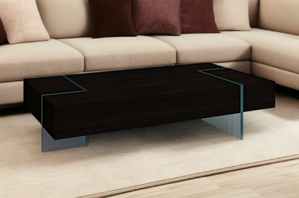 Homeroots 53" Modern Black And Clear Wood And Glass Sled Coffee Table - Stylish Accent For Living Room Or Office   554300