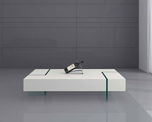 Homeroots 53" Contemporary White & Clear Wood And Glass Sled Coffee Table - Stylish Living Room Accent Piece   554301