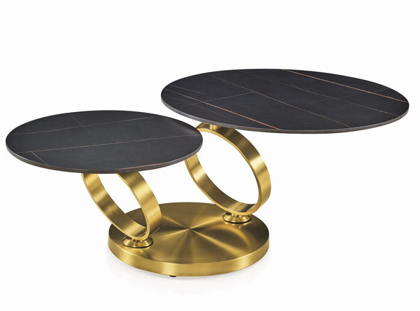 HomeRoots 32" Rustic Black Ceramic Tile & Gold Metal Round Coffee Table for Industrial Chic Spaces 554302