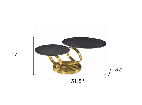 Homeroots 32" Stylish Black And Gold Round Distressed Coffee Table - Chic Ceramic Tile & Metal Design   554302