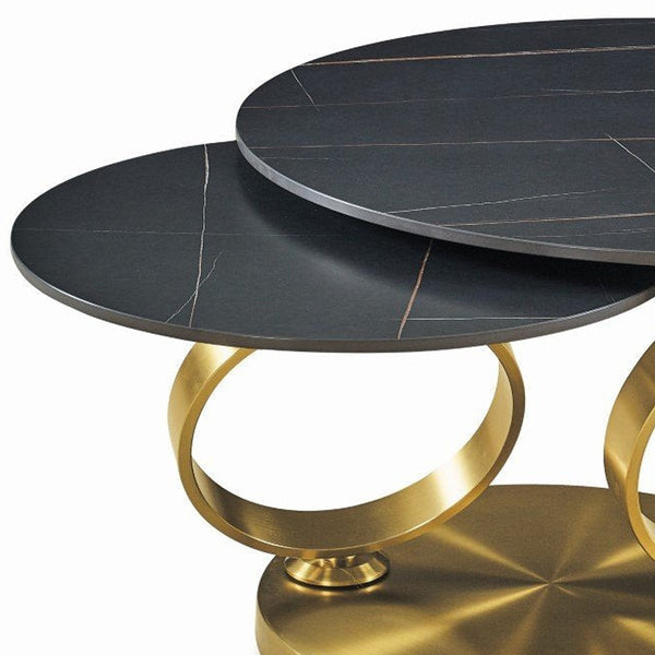Homeroots 32" Stylish Black And Gold Round Distressed Coffee Table - Chic Ceramic Tile & Metal Design   554302