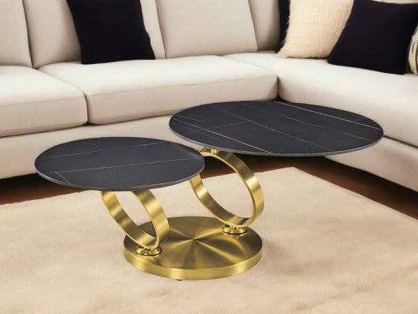 Homeroots 32" Stylish Black And Gold Round Distressed Coffee Table - Chic Ceramic Tile & Metal Design   554302