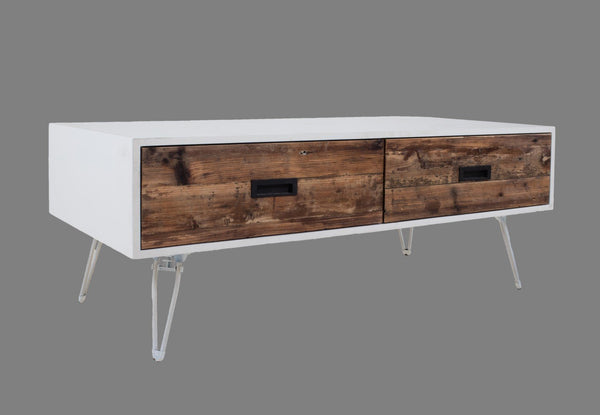Homeroots 48" Modern Brown And White Wood & Metal Coffee Table With Two Drawers For Stylish Living Rooms   554304