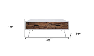 Homeroots 48" Modern Brown And White Wood & Metal Coffee Table With Two Drawers For Stylish Living Rooms   554304