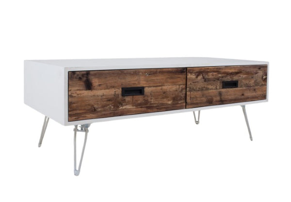 Homeroots 48" Modern Brown And White Wood & Metal Coffee Table With Two Drawers For Stylish Living Rooms   554304