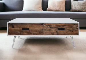 Homeroots 48" Modern Brown And White Wood & Metal Coffee Table With Two Drawers For Stylish Living Rooms   554304