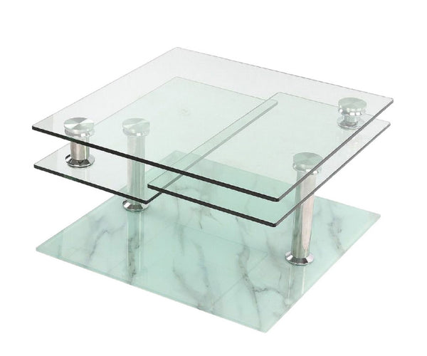 HomeRoots 32" Contemporary Clear Glass and Faux Marble Coffee Table with 3 Shelves for Stylish Living Spaces 554305