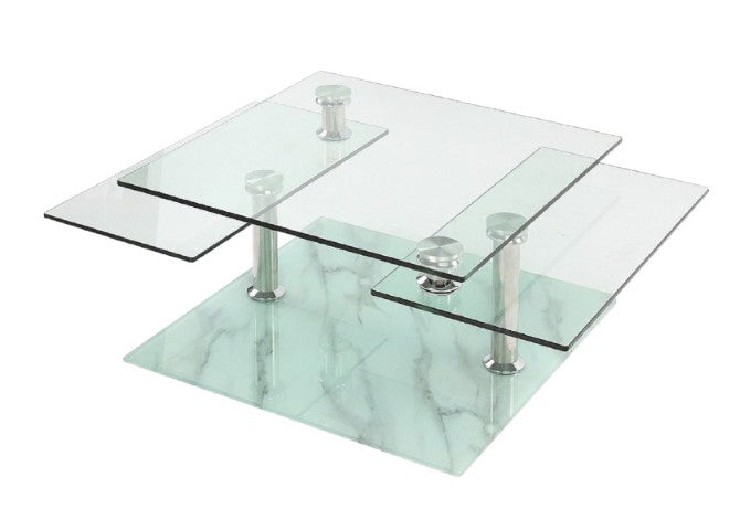 Homeroots 32" Stylish Clear And White Faux Marble Glass & Metal Coffee Table With 3 Shelves For Modern Homes   554305