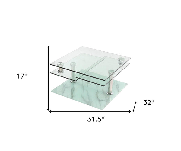 Homeroots 32" Stylish Clear And White Faux Marble Glass & Metal Coffee Table With 3 Shelves For Modern Homes   554305