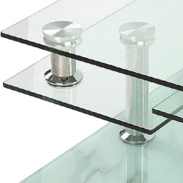 Homeroots 32" Stylish Clear And White Faux Marble Glass & Metal Coffee Table With 3 Shelves For Modern Homes   554305