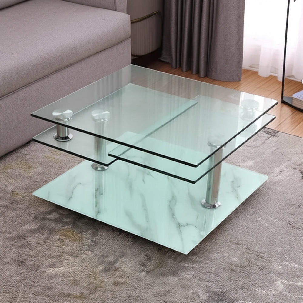 Homeroots 32" Stylish Clear And White Faux Marble Glass & Metal Coffee Table With 3 Shelves For Modern Homes   554305