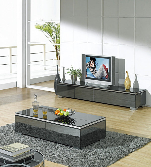 HomeRoots 26" Glamorous Gray & Silver Mirrored Glass Coffee Table with Drawers for Chic Living Spaces 554306