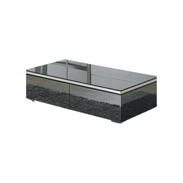 HomeRoots 26" Glamorous Gray & Silver Mirrored Glass Coffee Table with Drawers for Chic Living Spaces 554306