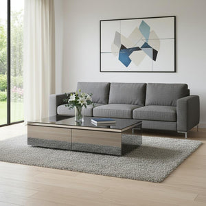 HomeRoots 26" Glamorous Gray & Silver Mirrored Glass Coffee Table with Drawers for Chic Living Spaces 554306