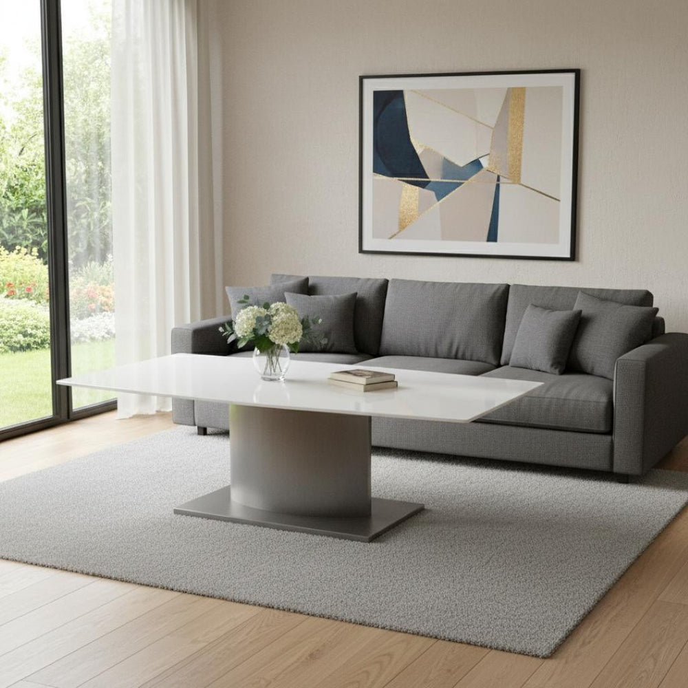 HomeRoots 28" White Marble Coffee Table with Silver Metal Base – Elegant Centerpiece for Modern Living Spaces 554308