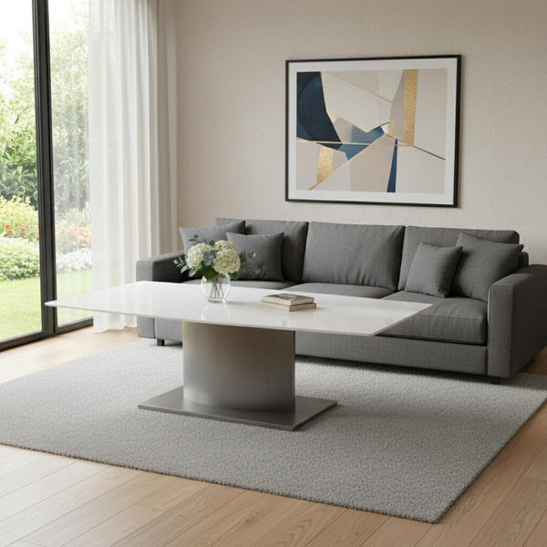 HomeRoots 28" White Marble Coffee Table with Silver Metal Base – Elegant Centerpiece for Modern Living Spaces 554308