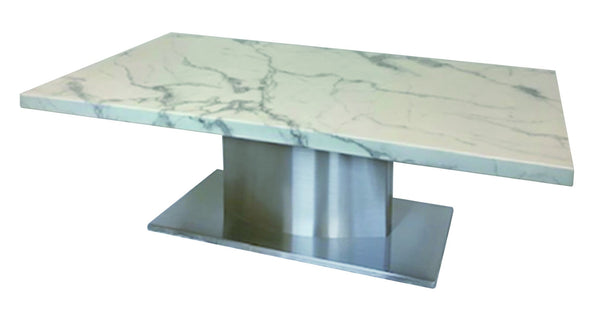 HomeRoots 51" White Marble & Silver Stainless Steel Pedestal Coffee Table – Timeless Elegance for Any Space 554309