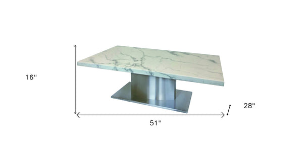 Homeroots 51" White And Silver Marble Coffee Table – Elegant Stainless Steel Pedestal For Living Room Style   554309