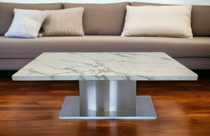 Homeroots 51" White And Silver Marble Coffee Table – Elegant Stainless Steel Pedestal For Living Room Style   554309