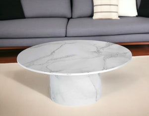 Homeroots 35" White Genuine Marble & Wood Round Pedestal Coffee Table - Modern Design For Stylish Living Spaces   554310