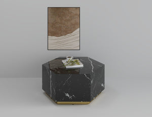 Homeroots 35" Black And Gold Faux Marble Hexagon Drum Coffee Table - Modern Geometric Accent For Your Living Room   554311