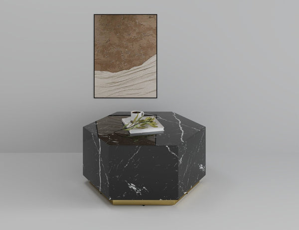 Homeroots 35" Black And Gold Faux Marble Hexagon Drum Coffee Table - Modern Geometric Accent For Your Living Room   554311