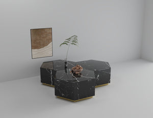 Homeroots 35" Black And Gold Faux Marble Hexagon Drum Coffee Table - Modern Geometric Accent For Your Living Room   554311