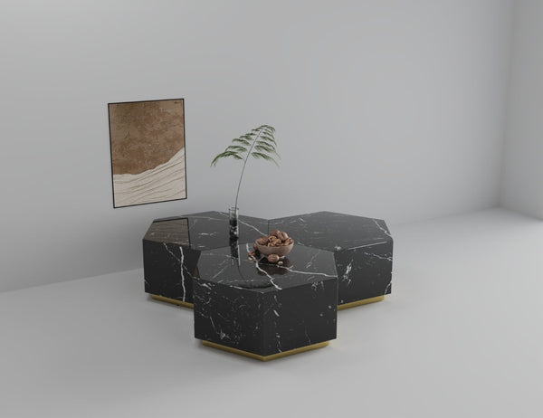 Homeroots 35" Black And Gold Faux Marble Hexagon Drum Coffee Table - Modern Geometric Accent For Your Living Room   554311