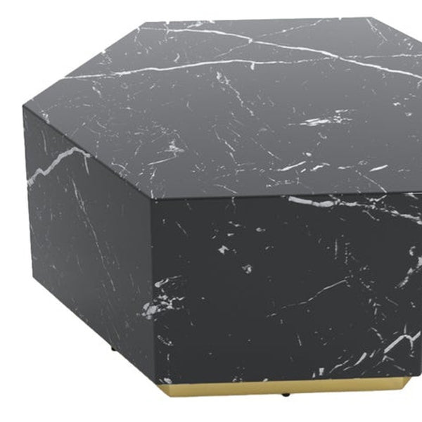 Homeroots 35" Black And Gold Faux Marble Hexagon Drum Coffee Table - Modern Geometric Accent For Your Living Room   554311