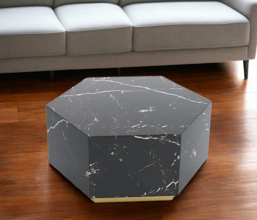 Homeroots 35" Black And Gold Faux Marble Hexagon Drum Coffee Table - Modern Geometric Accent For Your Living Room   554311