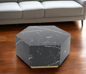 Homeroots 35" Black And Gold Faux Marble Hexagon Drum Coffee Table - Modern Geometric Accent For Your Living Room   554311
