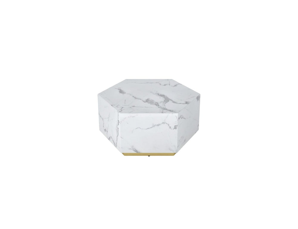 HomeRoots 35" White Faux Marble Hexagon Drum Coffee Table with Gold Base - Chic Modern Design for Any Space 554312