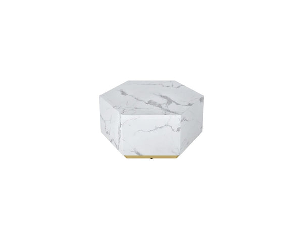 HomeRoots 35" White Faux Marble Hexagon Drum Coffee Table with Gold Base - Chic Modern Design for Any Space 554312