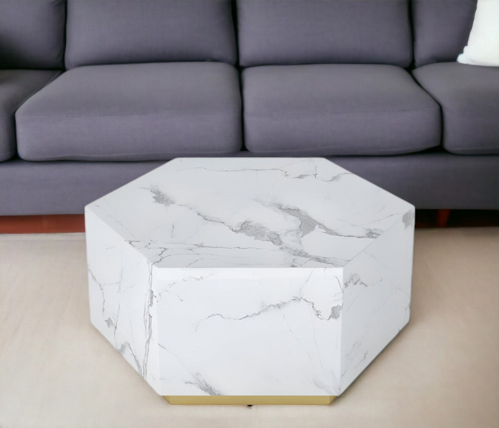 Homeroots 35" White And Gold Faux Marble Hexagon Drum Coffee Table – Stylish Modern Accent For Any Space   554312