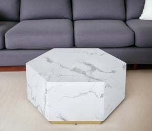 Homeroots 35" White And Gold Faux Marble Hexagon Drum Coffee Table – Stylish Modern Accent For Any Space   554312