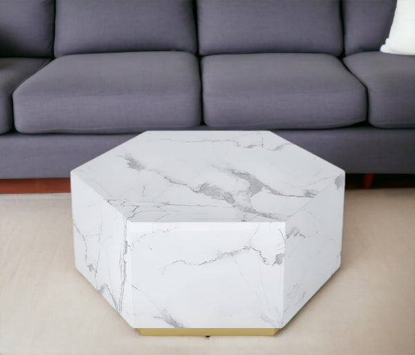 Homeroots 35" White And Gold Faux Marble Hexagon Drum Coffee Table – Stylish Modern Accent For Any Space   554312