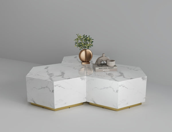 Homeroots 35" White And Gold Faux Marble Hexagon Drum Coffee Table – Stylish Modern Accent For Any Space   554312