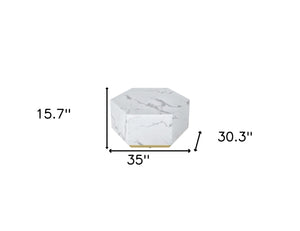 Homeroots 35" White And Gold Faux Marble Hexagon Drum Coffee Table – Stylish Modern Accent For Any Space   554312