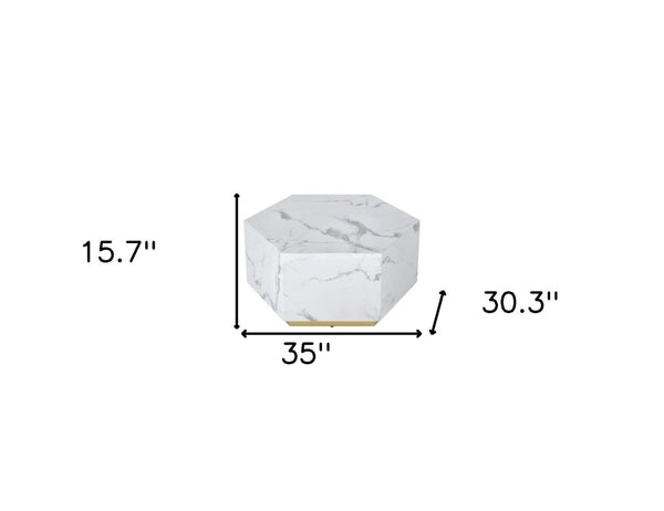 Homeroots 35" White And Gold Faux Marble Hexagon Drum Coffee Table – Stylish Modern Accent For Any Space   554312