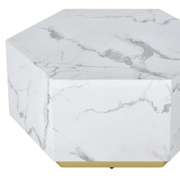 Homeroots 35" White And Gold Faux Marble Hexagon Drum Coffee Table – Stylish Modern Accent For Any Space   554312
