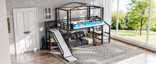 English Elm Twin Metal Loft Bed with Built-in Wardrobe Storage Stairs Led Lights and Usb Ports W5316S00045