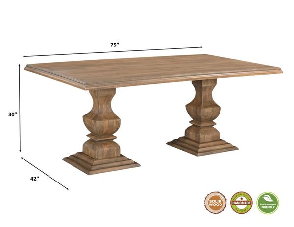 HomeRoots 75" Brown Solid Wood Double Pedestal Dining Table - Elegant Mango Wood Design for Timeless Gatherings 554332
