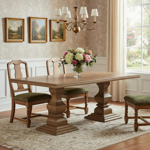 HomeRoots 75" Brown Solid Wood Double Pedestal Dining Table - Elegant Mango Wood Design for Timeless Gatherings 554332
