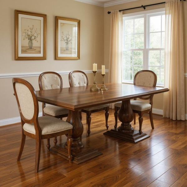 HomeRoots 75" Solid Mango Wood Double Pedestal Dining Table - Timeless Rustic Style for Versatile Spaces 554334