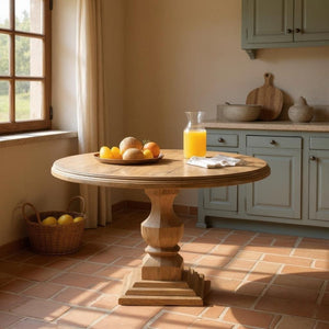 HomeRoots 54" Round Solid Wood Dining Table with Faceted Pedestal Base for Rustic Elegance and Comfort 554336