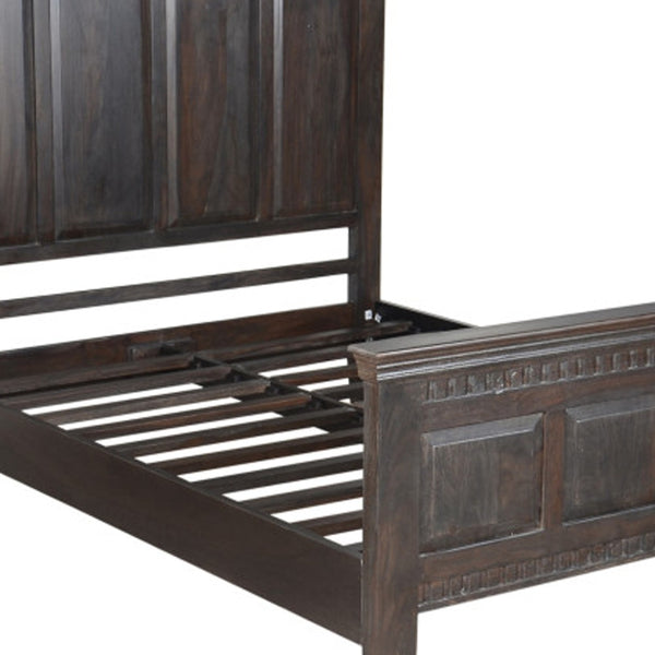 Homeroots Espresso Carved Geometric Solid Wood Queen Bed Frame  Solid Wood 554344