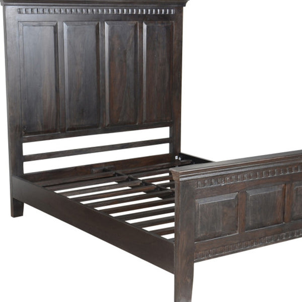 Homeroots Espresso Carved Geometric Solid Wood Queen Bed Frame  Solid Wood 554344