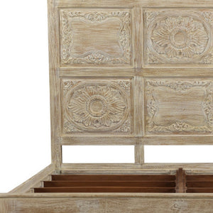 Homeroots Beige Carved Floral Distressed Solid Wood King Bed Frame  Solid Wood 554346