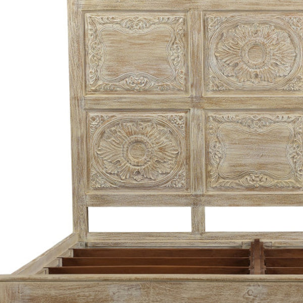 Homeroots Beige Carved Floral Distressed Solid Wood King Bed Frame  Solid Wood 554346